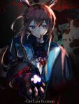  1girl amiya_(arknights) amiya_(guard)_(arknights) animal_ears arknights ascot black_background black_coat blood blood_on_clothes blood_on_face blood_on_wall blue_coat blue_eyes brown_hair chinese_commentary closed_mouth coat commentary_request cursive english_text flower frilled_ascot frills grey_background highres holding holding_flower incoming_gift kkkovo long_hair long_sleeves looking_at_viewer official_alternate_costume purple_ascot rabbit_ears smile solo upper_body 