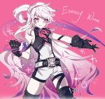  1girl absurdres bangs belt black_belt black_gloves black_hairband black_shirt bunny-shaped_pupils character_name cowboy_shot elsword eternity_winner_(elsword) gloves hair_bun hairband highres laby_(elsword) long_hair magic pink_background pink_eyes pohao shirt shorts sidelocks sleeveless sleeveless_shirt smile solo sparkle symbol-shaped_pupils thigh_strap two-tone_shirt typo very_long_hair white_shirt white_shorts 