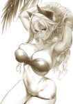  1girl armpits bandeau bikini breasts cleavage closed_mouth cowboy_shot hands_in_hair hands_up highres hizuki_akira horns large_breasts long_hair looking_at_viewer monochrome navel original palm_leaf pointy_ears seductive_smile simple_background skindentation smile solo standing strapless strapless_bikini swimsuit wet white_background yellow_theme 