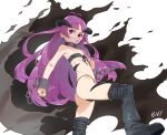  1girl ass bikini black_nails boots broken broken_chain chain chained_wrists clenched_hand collar cuffs dai00888 flat_chest g-string grin heterochromia highleg highres horns kishirika_kishirisu long_hair metal_collar mushoku_tensei nail_polish pose purple_eyes purple_hair revealing_clothes sharp_teeth smile solo standing strapless swimsuit teeth thigh_boots thighhighs thong thong_bikini tube_top 