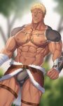  1boy abs bandaged_arm bandages bara belt black_male_underwear blonde_hair briefs brown_belt bulge clenched_hand dark-skinned_male dark_skin day facial_hair fang_necklace green_eyes jewelry large_pectorals looking_at_viewer male_focus male_underwear muscular muscular_male navel necklace nipples null_qq original outdoors pectorals scar scar_on_cheek scar_on_face short_hair solo thick_thighs thigh_bands thighs underwear 