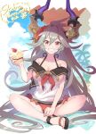  1girl artist_logo bangs bikini bikini_under_clothes botamochi_(exwelder) breasts cake cleavage cloud collarbone commission covered_navel draph flower food food_on_face full_body granblue_fantasy grey_hair grin hair_flower hair_ornament hibiscus holding holding_food horns indian_style large_breasts long_hair looking_at_viewer off-shoulder_shirt off_shoulder outdoors palm_tree red_eyes sandals see-through_shirt shirt sitting skeb_commission smile solo swimsuit teeth threo_(granblue_fantasy) tree very_long_hair 
