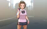  1girl bag blurry blurry_background bow bracelet brown_eyes brown_hair cowboy_shot highres jewelry looking_at_viewer original outdoors pink_sweater_vest pleated_skirt rustle school_uniform shirt short_hair short_sleeves skirt smile solo sweater_vest white_shirt 