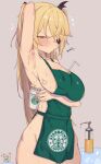  1girl apron armpits between_breasts black_eyepatch black_ribbon blonde_hair blush brand_name_imitation breasts coffee commentary_request cup english_commentary eyepatch fischl_(genshin_impact) genshin_impact green_apron green_eyes grey_background hair_ribbon highres holding holding_cup iced_latte_with_breast_milk_(meme) kkry99 korean_commentary large_breasts long_hair looking_at_viewer meme naked_apron oz_(genshin_impact) ribbon simple_background starbucks sweat thighs 
