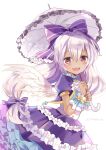  1girl :d blush bow dark_skin dress frilled_dress frills hair_bow holding holding_umbrella itadaki31 light_purple_hair long_hair looking_at_viewer mireille_lerner parasol purple_bow purple_dress red_eyes shironeko_project short_sleeves simple_background smile solo twitter_username umbrella white_background white_wings wings 