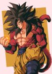  1boy absurdres bare_pectorals biceps black_hair black_legwear body_fur bruise dragon_ball dragon_ball_(object) dragon_ball_gt highres injury male_focus monkey_boy monkey_tail muscular muscular_male no_nipples pants pectorals red_fur relio_db318 saiyan solo son_goku spiked_hair super_saiyan super_saiyan_4 tail torn_clothes torn_pants veiny_hands yellow_eyes yellow_pants 