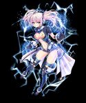  1girl black_background black_gloves black_legwear breasts cleavage full_body gloves headset highres iggy_(soccer_spirits) looking_at_viewer magic_circle medium_breasts navel official_art pink_hair reason_(ficafe) smile soccer_spirits solo standing transparent_background twintails yellow_eyes 