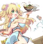  1girl ^^^ absurdres ass back bell blonde_hair blue_shirt blue_skirt bowl breasts commentary_request double_bun falling food glass green_eyes hardboiled_egg highres holding holding_tray hololive huge_breasts jingle_bell long_hair midriff momosuzu_nene noodles open_mouth panties poruneko shirt side-tie_panties side_slit skirt solo sushi table tray underwear virtual_youtuber wavy_mouth white_background 