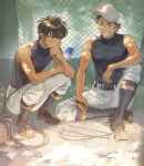  2boys ace_of_diamond bangs baseball_cap baseball_uniform belt black_belt black_footwear blush bottle branch brown_eyes brown_hair day hand_in_mouth hat highres holding holding_bottle holding_branch male_focus miyuki_kazuya multiple_boys on_ground outdoors pants sato_(sato_1_11) sawamura_eijun shoes short_hair sitting smile sneakers sportswear squatting teeth visor water_bottle white_pants 