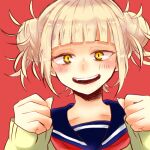 1girl bangs blonde_hair blue_sailor_collar blunt_bangs blush boku_no_hero_academia cardigan clenched_hands close-up commentary double_bun hair_up lowres messy_hair neckerchief neku34524 open_mouth portrait red_background red_neckerchief sailor_collar sidelocks simple_background slit_pupils smile solo teeth toga_himiko upper_teeth yellow_cardigan yellow_eyes 