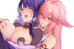  2girls breast_grab breast_hold breast_squeeze breasts censored character_censor clothes_pull dress_pull from_behind genshin_impact grabbing japanese_clothes kimono kujou_sara large_breasts multiple_girls novelty_censor one_eye_closed open_mouth pink_hair pnatsu purple_eyes purple_hair raiden_shogun shrug_(clothing) skindentation surprised yae_(genshin_impact) yuri 