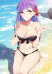  1girl adjusting_clothes bandeau bangs barefoot bb_(fate) bb_(fate/extra) beach bikini black_bikini blurry blurry_background bow breasts cleavage closed_mouth collarbone commentary_request day eyebrows_visible_through_hair fate/extra fate/extra_ccc fate_(series) front-tie_bikini front-tie_top full_body hair_bow hands_up highres large_breasts long_hair navel outdoors purple_eyes purple_hair red_bow sdustz seiza shadow sideways_glance sitting sitting_on_water smile solo split_mouth strapless strapless_bikini summer swimsuit thighs w water 