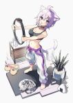  1girl ahoge animal_ears bag barefoot black_sports_bra cat cat_ears cat_girl choker collar holding hololive negiyan nekomata_okayu pants plant purple_eyes ring-con ring_fit_adventure slippers sports_bra table tail temari_(nekomata_okayu) towel track_pants tumbler vase virtual_youtuber white_pants 