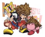  1boy blue_eyes brown_hair copy_ability fingerless_gloves gloves hair_ornament highres isamu-ki_(yuuki) jewelry keyblade kingdom_hearts kingdom_hearts_i kirby kirby_(series) looking_at_viewer male_focus necklace open_mouth short_hair simple_background smile sora_(kingdom_hearts) spiked_hair super_smash_bros. 