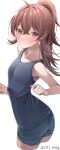  1girl absurdres armpits artist_name ass blue_shorts blue_tank_top blush breasts brown_eyes brown_hair cowboy_shot eyebrows_visible_through_hair hair_between_eyes hair_intakes highres idolmaster idolmaster_shiny_colors kawai_ritsu_(rits_meg) komiya_kaho long_hair looking_at_viewer ponytail shirt shorts simple_background sleeveless sleeveless_shirt small_breasts solo tank_top twisted_torso twitter_username white_background 