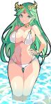  1girl bikini bracelet breasts circlet cleavage enpe green_eyes green_hair hair_ornament hand_on_hip highres jewelry kid_icarus large_breasts long_hair navel neck_ring palutena smile solo swimsuit teeth thigh_gap thighs very_long_hair wading water white_bikini wide_hips 
