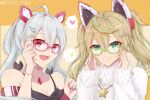  2girls ahoge aqua_eyes blonde_hair breasts cleavage eyewear_on_head gene_(pso2) glasses highres kirsch_miko large_breasts matoi_(pso2) multiple_girls open_mouth phantasy_star phantasy_star_online_2 red_eyes silver_hair smile sweater twintails 