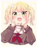  1girl :d absurdres bangs blonde_hair blush brown_sweater commentary_request cropped_torso eyebrows_visible_through_hair fang flower green_eyes hair_flower hair_ornament hairclip hands_up highres hololive long_sleeves looking_at_viewer momosuzu_nene neckerchief okota_mikan puffy_long_sleeves puffy_sleeves red_neckerchief shirt sleeves_past_wrists smile solo sweater twintails upper_body virtual_youtuber white_flower white_shirt 