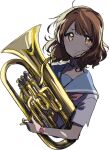  1girl bangs blue_sailor_collar brown_eyes brown_hair closed_mouth euphonium hibike!_euphonium highres holding holding_instrument instrument kitauji_high_school_uniform looking_at_viewer neckerchief oumae_kumiko pink_neckerchief ritsu_(roboroboro) sailor_collar school_uniform serafuku shirt short_hair short_sleeves simple_background solo watch white_background white_shirt 