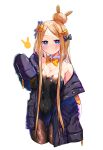  1girl abigail_williams_(fate) akirannu ass_visible_through_thighs bandages bare_shoulders blonde_hair blue_bow blue_jacket blush bow bowtie breasts bunny_symbol cleavage commentary cowboy_shot cropped_legs detached_collar eyebrows_visible_through_hair eyes_visible_through_hair fate/grand_order fate_(series) fishnet_legwear fishnets hair_bun hair_ornament highres jacket jacket_partially_removed large_forehead long_hair looking_at_viewer navel playboy_bunny sleeves_past_fingers sleeves_past_wrists small_breasts solo thighs very_long_hair white_background yellow_bow yellow_bowtie 