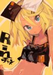  1girl absurdres arm_support bangs bare_shoulders black_shirt blonde_hair blue_eyes bow commentary crop_top eyebrows_visible_through_hair hair_between_eyes hair_bow hair_ornament hairclip hand_on_hip highres kaamin_(mariarose753) kagamine_rin looking_at_viewer medium_hair navel open_mouth parted_lips shirt solo tan tsurime upper_body vocaloid yellow_background 