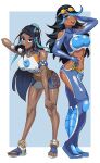  2girls absurdres black_hair blue_bodysuit blue_eyes blue_eyeshadow blue_hair blush bodysuit breasts color_connection dark-skinned_female dark_skin eyebrows_visible_through_hair eyeshadow hair_over_one_eye highres holding holding_poke_ball large_breasts long_hair looking_at_viewer makeup multicolored_hair multiple_girls navel nessa_(pokemon) open_mouth poke_ball pokemon pokemon_(game) pokemon_oras pokemon_swsh shelly_(pokemon) skin_tight smile volyz 