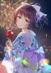  1girl :d back_bow bangs blurry blurry_background blush bow brown_hair candy_apple commentary_request cover_image crying crying_with_eyes_open eyebrows_visible_through_hair fireworks floral_print flower food from_behind green_eyes hair_bow hair_flower hair_ornament happy_tears haru_(hiyori-kohal) highres holding holding_food hoshigami_luna japanese_clothes kimi_wa_hatsukoi_no_hito_no_musume kimono long_sleeves looking_at_viewer looking_back night night_sky novel_illustration official_art outdoors parted_lips ponytail print_kimono purple_bow purple_flower short_ponytail sky smile solo sparkle tears teeth textless upper_body white_bow white_kimono wide_sleeves yukata 