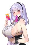  1girl absurdres apron azur_lane bangs bare_shoulders black_hairband blush breasts center_frills closed_mouth clothing_cutout commentary_request condom condom_in_mouth condom_packet_strip condom_wrapper dido_(azur_lane) eyebrows_visible_through_hair frilled_shirt frills from_side hairband hand_up highres holding holding_condom jintianhuahualema large_breasts long_hair looking_at_viewer mouth_hold red_eyes shirt sideboob silver_hair simple_background sleeveless sleeveless_shirt solo underboob underboob_cutout upper_body waist_apron white_apron white_background white_shirt wrist_cuffs 