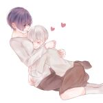  1boy 1girl bangs black_pants blush breasts brown_shorts closed_eyes closed_mouth collarbone eyebrows_visible_through_hair eyes_visible_through_hair grey_legwear grey_shirt heart hug kaneki_ken kirishima_touka kneeling medium_breasts pants shiny shiny_hair shirt short_hair shorts simple_background smile socks tokyo_ghoul toukaairab white_background 