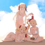  3girls bikini blonde_hair blue_sky breasts burger can cloud day english_commentary florida-chan_(ryusei_hashida) food hair_ornament hair_ribbon hair_scrunchie holding holding_can indian_style large_breasts long_hair lying miami-chan_(ryusei_hashida) mofu_mofuko_(ryusei_hashida) multiple_girls on_side original red_ribbon red_scrunchie ribbon ryusei_hashida scrunchie short_hair side_ponytail sitting sky standing swimsuit thighs twintails veins veiny_breasts white_bikini 