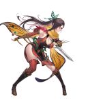  1girl alternate_costume armor asymmetrical_legwear bangs belt boots breasts brown_eyes brown_hair cape cleavage closed_mouth dagger dress fire_emblem fire_emblem_fates fire_emblem_heroes full_body hair_ornament hair_over_one_eye highres holding holding_dagger holding_weapon kagero_(fire_emblem) kakage knee_boots knife large_breasts long_hair looking_away official_art reverse_grip shiny shiny_hair shiny_skin short_dress single_thighhigh solo thighhighs thighs thorns tied_hair transparent_background weapon 