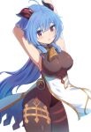  1girl absurdres ahoge arm_over_head armpits arms_up bangs bell black_legwear blue_hair breasts curled_horns dunggeul_dunggeul eyebrows_visible_through_hair ganyu_(genshin_impact) genshin_impact gold_trim highres horns large_breasts leotard leotard_under_clothes long_hair neck_bell purple_eyes sidelocks sleeveless solo thighlet thighs very_long_hair white_background 