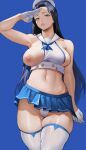  1girl absurdres bare_shoulders black_hair blue_eyes blue_skirt breasts forehead gloves half_gloves hat highres invincible_dragon_(last_origin) large_breasts last_origin long_hair looking_at_viewer miniskirt nipples one_breast_out panties sailor_hat salute sideboob skindentation skirt solo thighhighs thighs underwear white_gloves white_headwear white_legwear white_panties yoshio_(55level) 