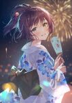  1girl :d back_bow bangs black_bow blurry blurry_background blush bow brown_hair commentary_request crying crying_with_eyes_open eyebrows_visible_through_hair fireworks floral_print from_behind green_eyes hair_ornament hand_fan haru_(hiyori-kohal) highres holding holding_fan japanese_clothes kanzashi kimi_wa_hatsukoi_no_hito_no_musume kimono long_sleeves looking_at_viewer looking_back night night_sky official_art outdoors parted_lips ponytail print_kimono sakura_(hatsukoi_musume) short_ponytail sky smile solo sparkle tears teeth upper_body white_kimono wide_sleeves yukata 