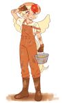  1girl animal_on_head bird bird_on_head bird_tail bird_wings blonde_hair boots brown_footwear bucket caramelized_tomatoes carrying chick chicken dirt dirty dirty_clothes feathered_wings full_body highres niwatari_kutaka on_head orange_overalls overalls shirt simple_background solo t-shirt tail tail_feathers touhou white_background wings yellow_wings 