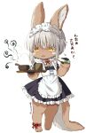  1girl alternate_costume animal_ears apron bangs black_dress body_fur cup dress enmaided frilled_apron frilled_dress frills full_body furry furry_female holding holding_thermometer holding_tray jewelry kyuubi_mika lace made_in_abyss maid maid_apron maid_headdress nanachi_(made_in_abyss) necklace shirt short_hair short_sleeves sidelocks simple_background solo standing steam tail thermometer tray whiskers white_apron white_background white_shirt wrist_cuffs yellow_eyes 