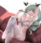  1girl ;q anchovy_(girls_und_panzer) aqua_hair arm_up armpits bare_arms bare_shoulders black_ribbon blush bra breasts closed_mouth collarbone couch crossed_legs den_(kur0_yuki) drill_hair dutch_angle eyebrows_visible_through_hair feet frilled_bra frills girls_und_panzer hair_ribbon holding long_hair looking_at_viewer medium_breasts no_shoes on_couch one_eye_closed panties red_eyes ribbon riding_crop simple_background smile solo thighhighs tongue tongue_out twin_drills twintails underwear underwear_only v-shaped_eyebrows white_background white_bra white_legwear white_panties 