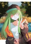  1girl ^_^ bag bangs blush breasts c.c. closed_eyes code_geass creayus eyebrows_visible_through_hair facing_viewer green_hair grin hat jacket long_hair midriff navel off_shoulder smile solo teeth v 