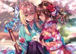  2girls blonde_hair blue_flower blurry blurry_background blush cherry_blossoms depth_of_field flower hair_between_eyes hair_flower hair_ornament hakama hakama_skirt highres holding holding_hands japanese_clothes kimono long_sleeves looking_at_another multiple_girls open_mouth original piromizu purple_hakama red_flower sad_smile skirt smile stitched tears 
