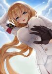 1girl :d arm_behind_head arm_up armband azur_lane backlighting bangs black_gloves blonde_hair blue_sky breasts choker cleavage cloud cloudy_sky commentary_request eyebrows_visible_through_hair eyes_visible_through_hair formal from_below gloves hairband highres large_breasts long_hair long_sleeves looking_at_viewer north_carolina_(azur_lane) reaching_out senzen_(ikusamae) sidelocks sky smile solo suit white_suit wind 