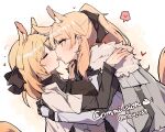  2girls animal_ear_fluff animal_ears arknights armor aunt_and_niece black_bow black_shirt blemishine_(arknights) blonde_hair blush bow closed_eyes commission dutch_angle extra_ears eyebrows_visible_through_hair french_kiss fur-trimmed_armor gloves hair_bow hands_on_another&#039;s_shoulders heart highres horse_ears horse_girl horse_tail incest jacket kiss kyou_039 long_sleeves looking_at_another multiple_girls noses_touching ponytail saliva shirt spoken_heart sweatdrop tail tongue tongue_out twitter_username upper_body whislash_(arknights) white_jacket yellow_eyes yuri 