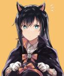  1girl animal_ears asashio_(kancolle) black_cape black_hair black_headwear blue_eyes cape cat_ears gloves hat hat_removed headwear_removed kantai_collection kemonomimi_mode long_hair orange_background satsumi simple_background solo upper_body white_gloves 