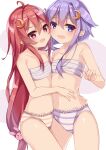  2girls bikini blush bunny_hair_ornament chest_sarashi commentary_request crescent crescent_hair_ornament eyebrows_visible_through_hair flat_chest hair_ornament highres kantai_collection long_hair medium_hair multiple_girls navel open_mouth purple_eyes purple_hair red_eyes red_hair sarashi smile stomach striped striped_bikini swimsuit uut uzuki_(kancolle) white_background yayoi_(kancolle) 