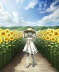 1girl :d ^_^ bandaged_leg bandages bare_shoulders barefoot blue_sky bow braid closed_eyes cloud cloudy_sky colored_skin dress eyebrows_visible_through_hair field flower flower_field grey_hair grey_skin hat highres hill holding holding_clothes holding_hat indie_virtual_youtuber noruka-soruka open_mouth piercing sharp_teeth sky smile solo straw_hat sun_hat sunflower sunlight teeth tentacles tongue_piercing twin_braids virtual_youtuber white_bow white_dress zombie zonbko 
