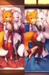  2girls :3 animal_ear_fluff animal_ears animal_feet animal_nose apron arm_around_back ass back bangs bare_shoulders barefoot black_choker black_gloves black_legwear blush body_fur brown_fur choker crunchobar dakimakura_(medium) dress elbow_gloves facial_mark fox_ears fox_girl fox_tail from_above full_body fur_collar furrification furry furry_female gloves hair_ornament hakama hakama_skirt hand_on_another&#039;s_arm hand_up happy holding_hands indoors interlocked_fingers japanese_clothes kimono knees_together_feet_apart leg_between_thighs light_blush long_hair long_sleeves looking_at_viewer lying miko multiple_girls multiple_views on_back on_bed on_side open_mouth orange_eyes orange_hair parted_bangs pawpads pillow red_eyes red_hakama ribbon-trimmed_sleeves ribbon_trim senko_(sewayaki_kitsune_no_senko-san) sewayaki_kitsune_no_senko-san shiny shiny_hair shiro_(sewayaki_kitsune_no_senko-san) short_hair side_slit sidelocks skirt smile strapless strapless_dress tail tail_raised thighhighs toeless_legwear white_dress white_fur white_hair white_kimono wide_sleeves window wooden_floor yellow_fur 