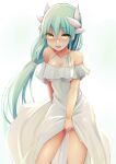 1girl bangs bare_shoulders blush breasts cleavage collarbone dragon_girl dragon_horns dress fate/grand_order fate_(series) green_hair highres horns kiyohime_(fate) long_hair looking_at_viewer medium_breasts multiple_horns open_mouth ponytail sen_(astronomy) smile solo thighs white_dress yellow_eyes 