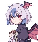  1girl absurdres bangs bird_wings black_dress blue_hair book commentary dress head_wings highres holding holding_book horns kame_(kamepan44231) long_sleeves multicolored_hair red_eyes red_wings short_hair silver_hair simple_background single_head_wing solo tokiko_(touhou) touhou two-tone_hair white_background white_hair wide_sleeves wings 