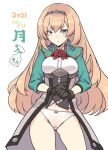  1girl ass_visible_through_thighs bangs black_gloves blonde_hair blue_eyes blush bottle breasts closed_mouth commentary_request cowboy_shot eyebrows_visible_through_hair female_pubic_hair flower gloves groin hair_between_eyes hairband jacket kantai_collection long_hair long_sleeves looking_at_viewer nakadori_(movgnsk) panties pout pubic_hair red_flower red_rose rose see-through simple_background solo spray_bottle thighs tiara underwear very_long_hair victorious_(kancolle) wet white_background white_panties 