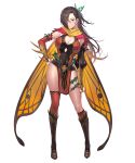  1girl alternate_costume armor asymmetrical_legwear bangs belt boots breasts brown_eyes brown_hair cape cleavage closed_mouth dress fire_emblem fire_emblem_fates fire_emblem_heroes full_body hair_ornament hair_over_one_eye hand_on_hip highres kagero_(fire_emblem) kakage knee_boots large_breasts long_hair looking_at_viewer official_art pelvic_curtain shiny shiny_hair shiny_skin short_dress single_thighhigh solo standing thighhighs thighs thorns tied_hair transparent_background 