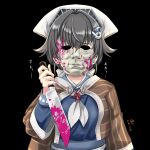  1girl black_background black_hair blood blue_sailor_collar blue_serafuku commentary_request dated halloween_(movie) headgear holding jingei_(kancolle) kantai_collection knife looking_at_viewer mask md5_mismatch michael_myers neckerchief pink_blood resolution_mismatch sailor_collar shawl short_hair signature simple_background solo source_larger tk8d32 uniform upper_body white_bandana white_neckerchief 